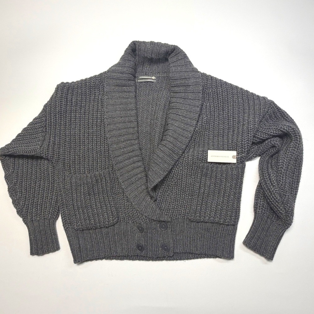 NWT Anthropologie Chunky Knit Shawl Collar Cardigan XS Wool Blend Gray